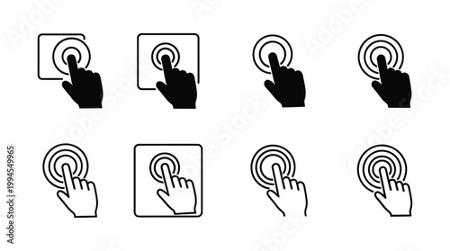 Black and white hand cursor icons touching circles and squares vector
