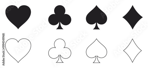Black and white playing card suit symbols heart club spade diamond vector