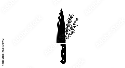 Chef knife with fresh herbs, black and white illustration
