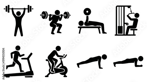 Fitness icons set featuring weightlifting, treadmill, cycling, rowing, push‑ups, sit‑ups, dumbbells, gym workout, cardio, strength training activities