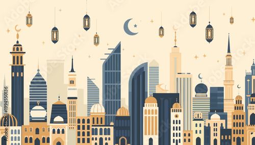 A serene and stylized illustration depicting a harmonious blend of modern skyscrapers and traditional architecture. Ideal for travel blogs, urban plan