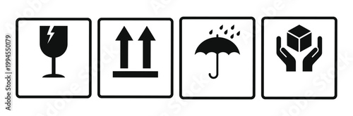 Fragile handle with care this side up umbrella symbols on white glass break