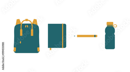 Flat Vector Set of School and Travel Accessories with Backpack Notebook Pen and Water Bottle.