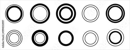 Ten black and white circular graphic elements with varying line thickness circle ring