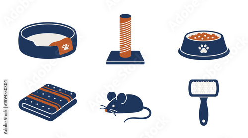 Set of six flat vector icons representing essential cat supplies and accessories.