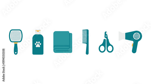 Set of pet grooming tools and supplies for dogs and cats.