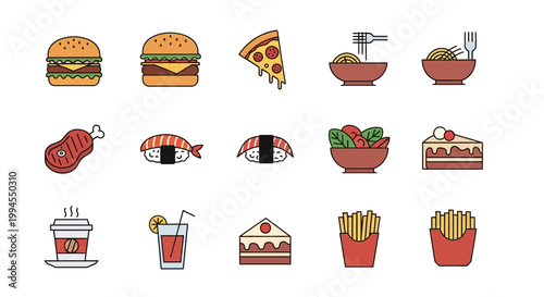 Diverse Collection of Modern Outline Food Icons Featuring Popular Meals, Snacks, and Beverages in a Vector Style