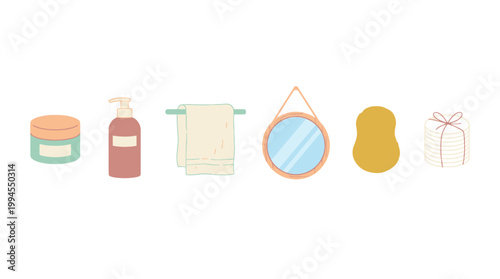 Set of bathroom and skincare accessories including cream jar soap towel mirror sponge and gift box.