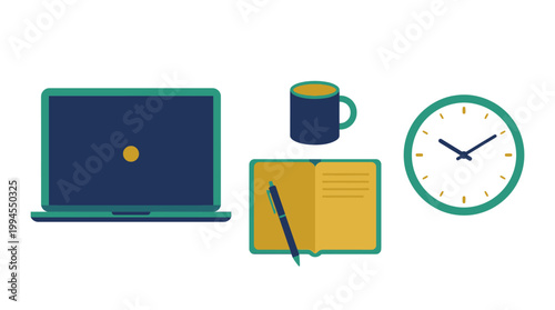Flat vector illustration of a modern workspace with laptop notebook pen coffee mug and wall clock.