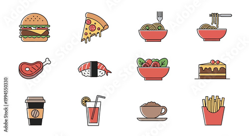 A collection of delicious food icons representing a variety of popular fast food and meal choices