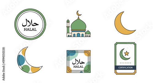 Versatile collection of Halal food standard certification icons, Islamic symbols, and crescent moon illustrations