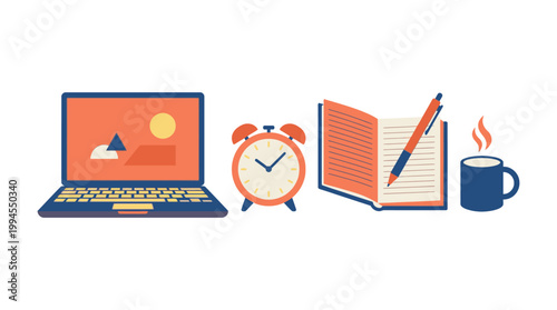 Flat vector illustration of a productive office desk setup with laptop clock notebook pen and coffee cup.