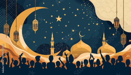 An uplifting illustration of silhouetted people with hands raised in celebration. Perfect for concepts of success, achievement, community, and positiv