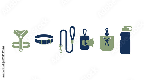 Set of dog walking accessories and pet equipment icons.