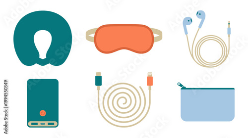 Set of travel essentials and electronic accessories for trips.