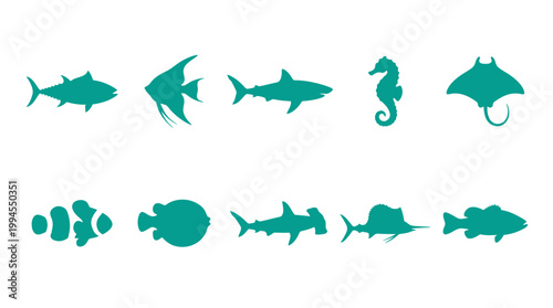 Collection of various sea fish silhouettes.