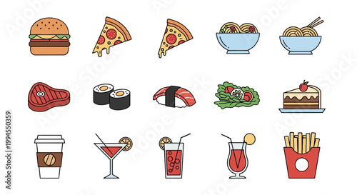 Diverse Collection of Delicious Fast Food and Beverage Icons Perfect for Menus and Online Ordering Platforms