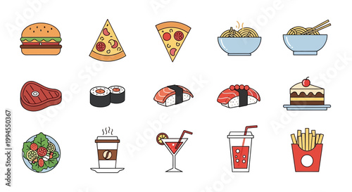 Delicious assortment of food and drink icons representing a variety of popular meal options and beverages