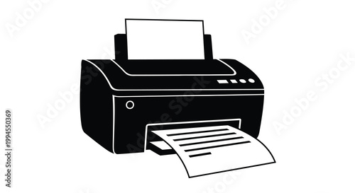A simple black and white illustration of a desktop inkjet printer