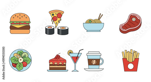 Collection of delightful fast food and drink icons, showcasing burgers, pizza, sushi, and more