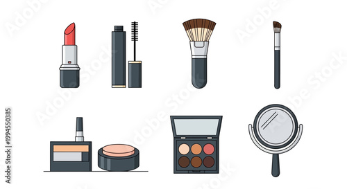 Collection of assorted cosmetic products and makeup tools arranged on a white background