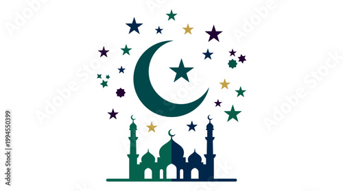 Mosque silhouette with crescent moon stars.