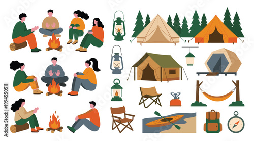 Camping Adventure Scene with People Enjoying Outdoors and Essential Gear Collection