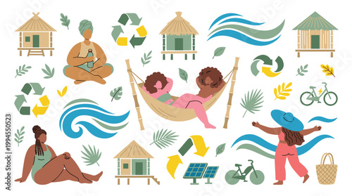 Diverse women enjoying eco friendly lifestyle with solar panels, bicycles, and natural elements