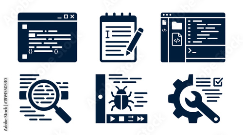 Collection of programming and debugging icons featuring code, notes, and tools for software development