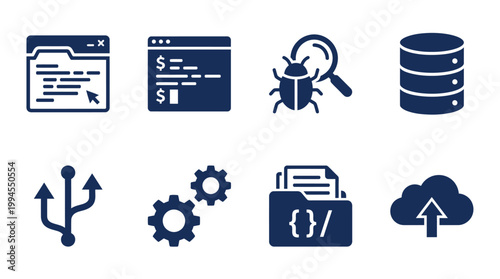 Collection of technology-related icons representing web development, data management, and debugging