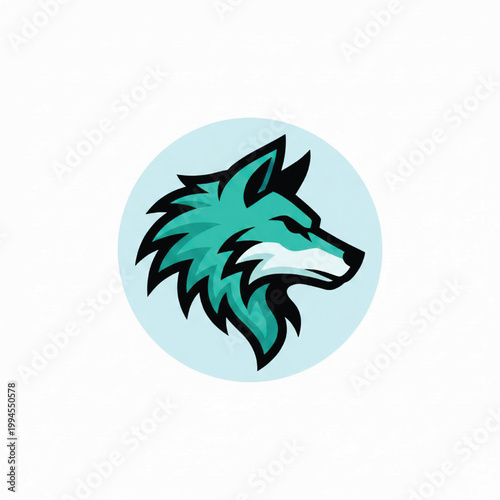 Wolf head logo with teal and black stylized fur on a light blue circular background for branding and team identity