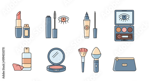 Vibrant collection of flat line art beauty and makeup icons, showcasing essential cosmetic products and tools in a modern vector illustration