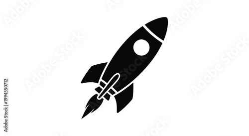 Simple black rocket ship illustration with flames and a circular window