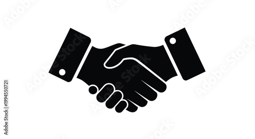 A simple black silhouette depicting two hands in a firm handshake