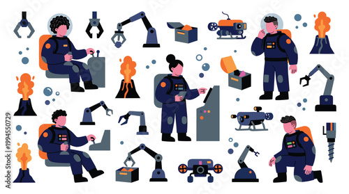 Astronauts and robots explore alien planet with volcanoes and advanced technology for space exploration and scientific discovery