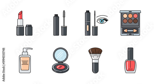 Collection of cosmetic icons including lipstick, mascara, foundation, eye shadow, brush, and nail polish for beauty and makeup
