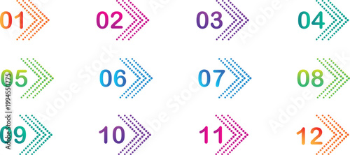 Modern Infographic Number Markers: Gradient Pixel Arrow Design for Sequential Steps 01 to 12