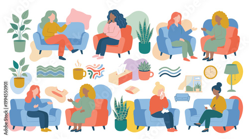 Diverse women in therapy session discussing mental health and emotional support in comfortable setting