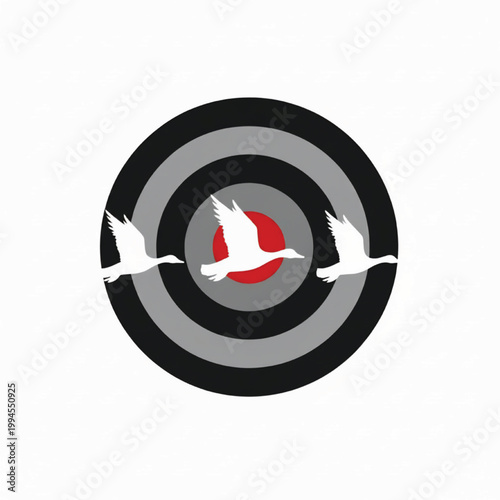 Dove icon with red ribbon-like tail in concentric black and gray target rings, handmade project graphic