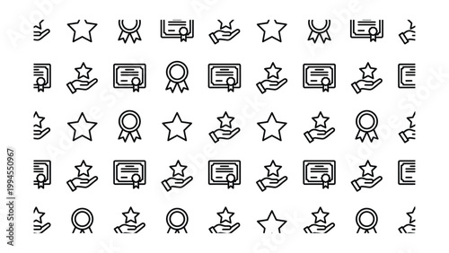 Collection of hand-drawn star and award icons with certificate and medal symbols star rating golden star blue ribbon certificate achievement recognition minimalist collection business