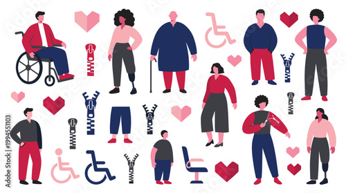 Diverse group of people with disabilities and accessibility symbols promoting inclusivity and diversity
