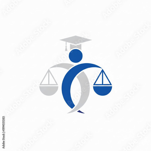 Graduation cap and scales icon with blue and gray balance meaning law and education symbol featuring justice, academic, university with diploma and