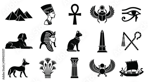Ancient Egyptian Silhouette Icons Collection of Pyramids, Nefertiti, Ankh, Scarab, Eye of Horus, Sphinx, Pharaoh, Obelisk, Bastet