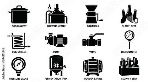 Beer Brewing Equipment Silhouette Icons Collection of Kettle, Fermentation Tank, Barrel, Grain Mill, Chiller, Pump for Brewery Design