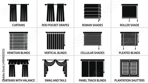 Window Coverings Silhouette Icons Collection of Curtains, Blinds, Shades, Drapes, Valance, Sheer, Balloon Styles for Interior Design