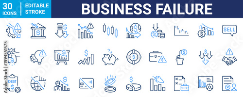 Set of 30 outline icons related to Business failure. Linear icon collection. Editable stroke. Vector illustration