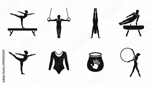Gymnastics Silhouette Icons Collection of Beam, Rings, Handstand, Pommel Horse, Ribbon, Leotard, Chalk Bag for Sports Design