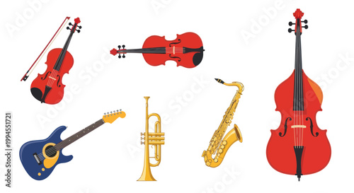 Collection of Musical Instruments: Violin, Guitar, Trumpet, Saxophone, Double Bass