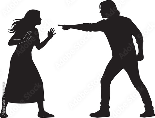 Black silhouettes of a man aggressively pointing at a defensive woman for domestic violence, relationship conflict, and social awareness designs.