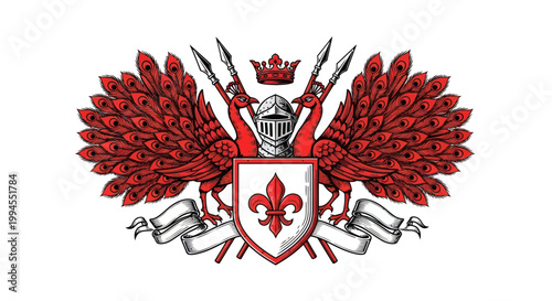 Heraldic Crest with Peacock Crest, Knight Helmet, Shield, and Banners